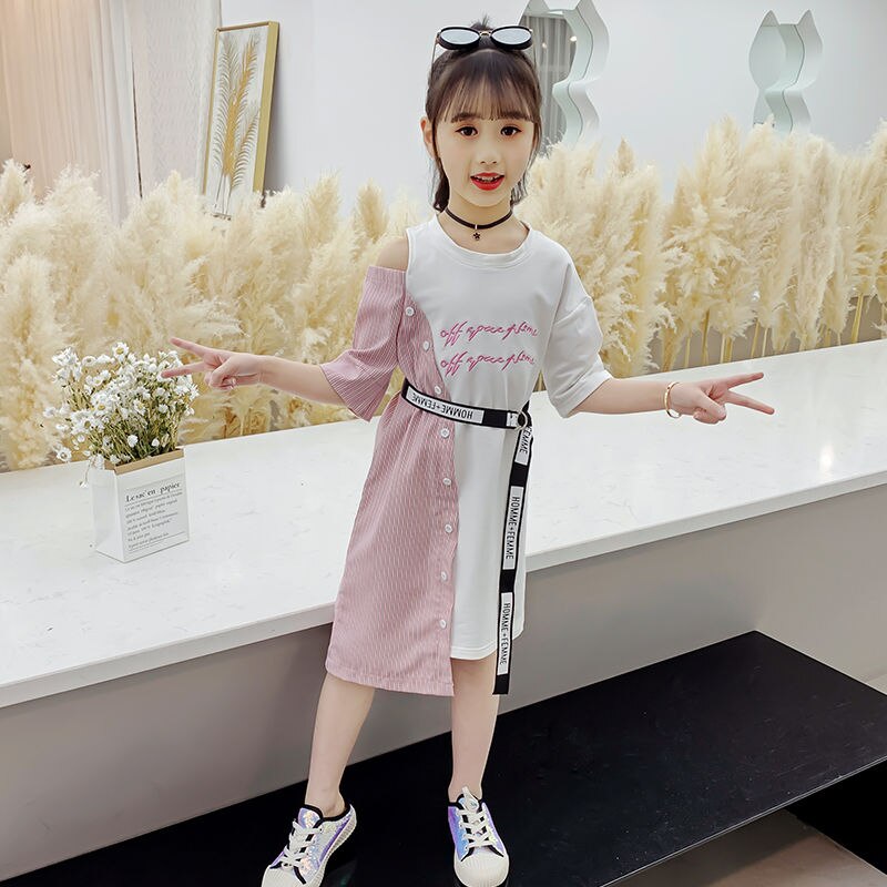 Girls Dress Summer 2021 New Girls Wear Korea Fashion Summer Style Shoulder Dress Tide Asymmetrical Dress Girls 2 To 12 Years