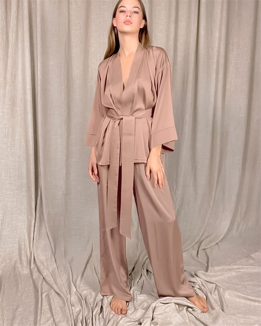 Hwanan Home Suit For Women Sleepwear Loose Flare Pants Three Quarter Sleeve Satin Robe Sets Bathrobe For Home Wear Fashion 2021