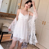 White Lace 2PC Nightwear Set Women Robe Gown Bride Sexy Strap Nightdress Summer V-Neck Sleep Suit Kimono Nighties Homewear