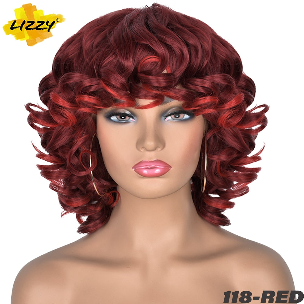 Short Hair Afro Curly Wig With Bangs Loose Synthetic Cosplay Fluffy Shoulder Length Natural Wigs For Black Women Dark Brown 14