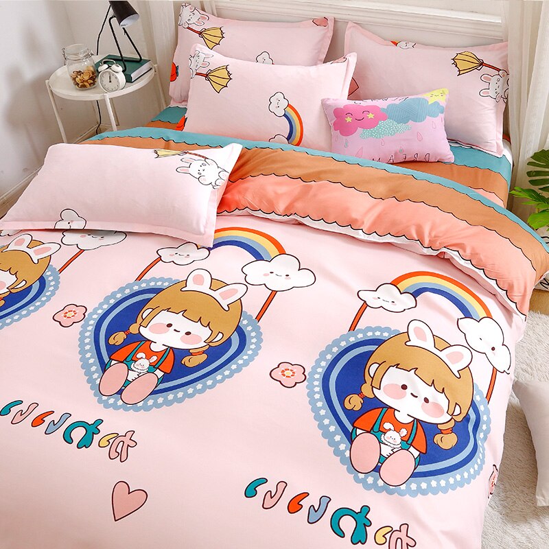4pcs Nordic Bedding Set , Duvet Cover + Pillow Case + Bed Sheet Home Textiles Bed Sheets Set Washed Cotton A/B side Qulit Sheet
