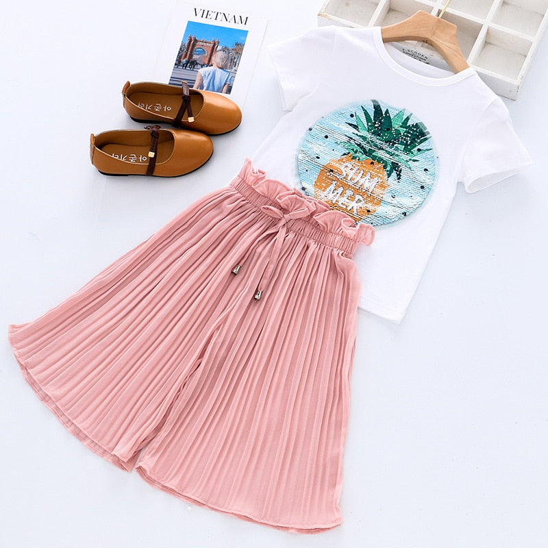 Toddler Girls Clothing Sets 2021 Summer Girls Clothes Unicorn Sequins Chiffon Pants Outfit Kids Tracksuit Suit Children Clothing