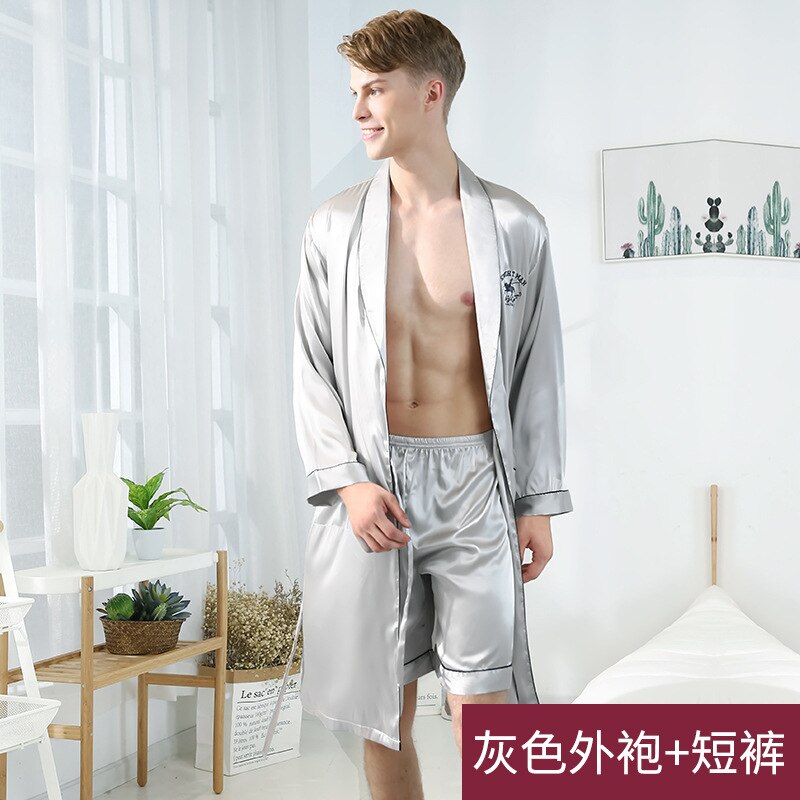 Men Plus Size Short Long Pants Bathrobe Soft Ice Silk Cool Pajamas Set Two Pieces Turn-Down Neck Long Sleeves Night Sleepwear