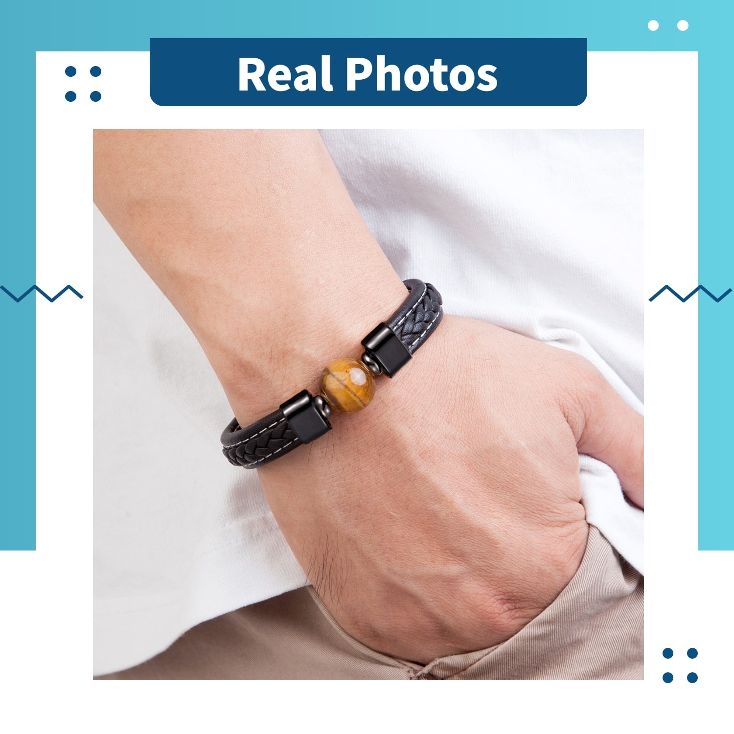 Trendy Genuine Leather Bracelets Men Stainless Steel Clasp Charm Bracelet For Male 6 Style Natural Tiger Eye Lava Stone Jewelry