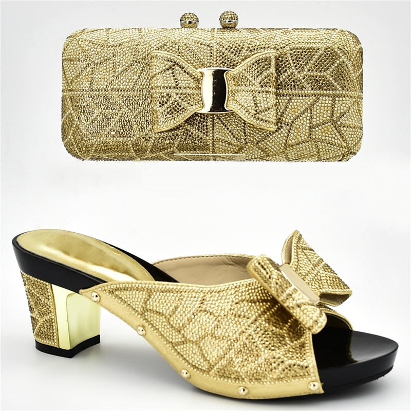 New Arrival Italian Shoes with Matching Bags for Wedding Italy Nigerian Women Wedding Shoe and Bag Set Decorated with Rhinestone