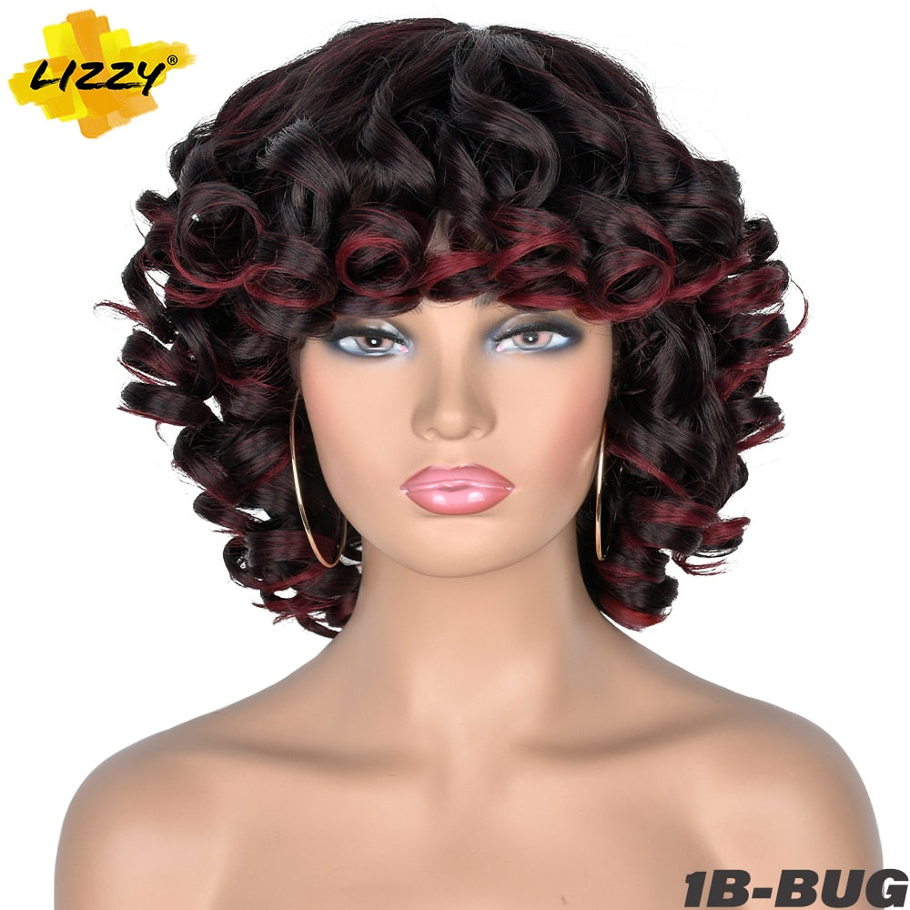 Short Hair Afro Curly Wig With Bangs Loose Synthetic Cosplay Fluffy Shoulder Length Natural Wigs For Black Women Dark Brown 14