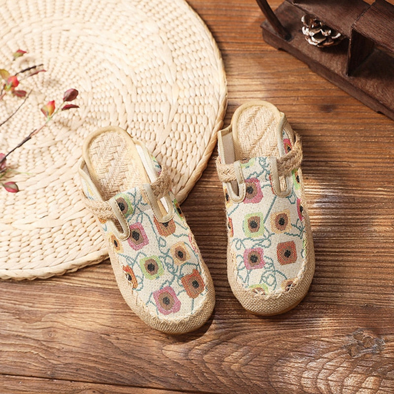 Veowalk  Women Linen Cotton Embroidered Flat Espadrilles Mules Platform Shoes Ladies Comfortable Close Toe Slippers Black Beige