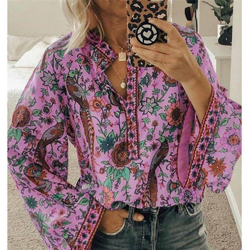 Fanbety Plus size Autumn Chic Blouses women Peacock Floral Print Long Sleeve Shirts women Casual V-neck Boho Blouse Tops Female - Surprise store