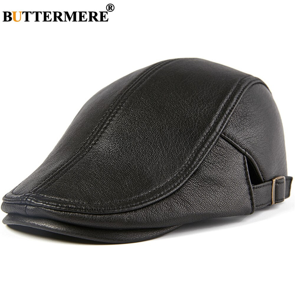 BUTTERMERE Men Beret Hat Real Leather Flat Cap Sheepskin Autumn Winter Male Brown