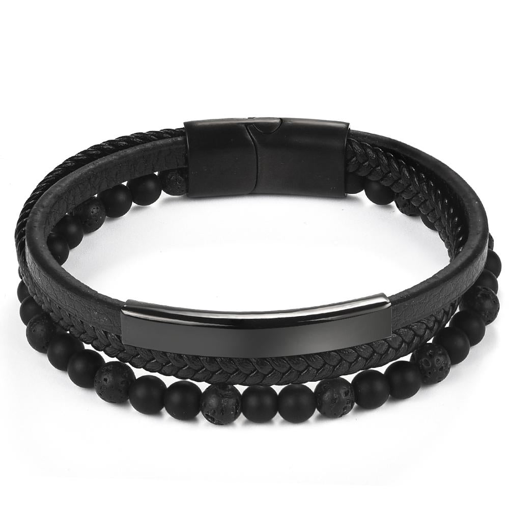 Jiayiqi Fashion Natural Stone Beads Men Bracelet Multilayer Leather Bracelet Punk Jewelry Stainless Steel Magnetic Clasp Bangles