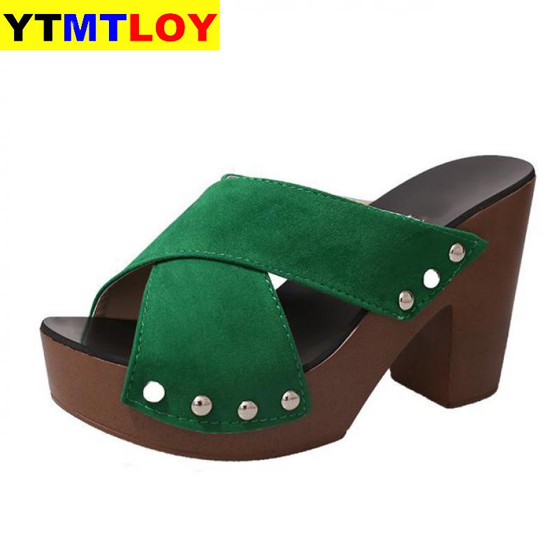 Summer Women Sandals Square High Heel Platform Flock Casual Rivet Pumps Peep Toe Female Elegant Ladies Shoes Zapatos De Mujer