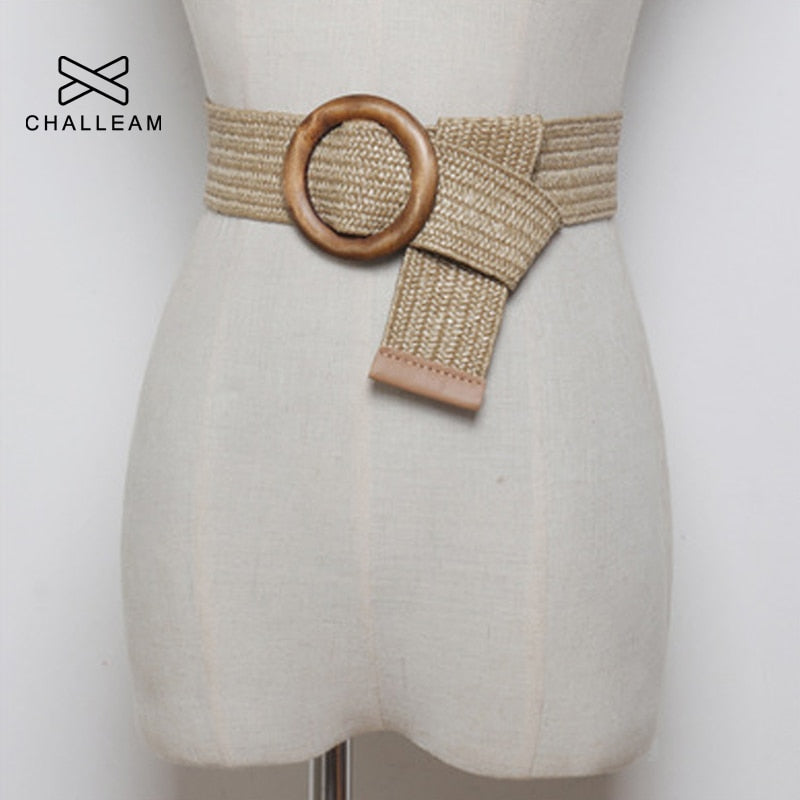 Women Bohemian Elastic Braided Belt Fashion Female Summer Dress Jeans Wide Black PP Straw Designer Wood Buckle Boho Belts 232