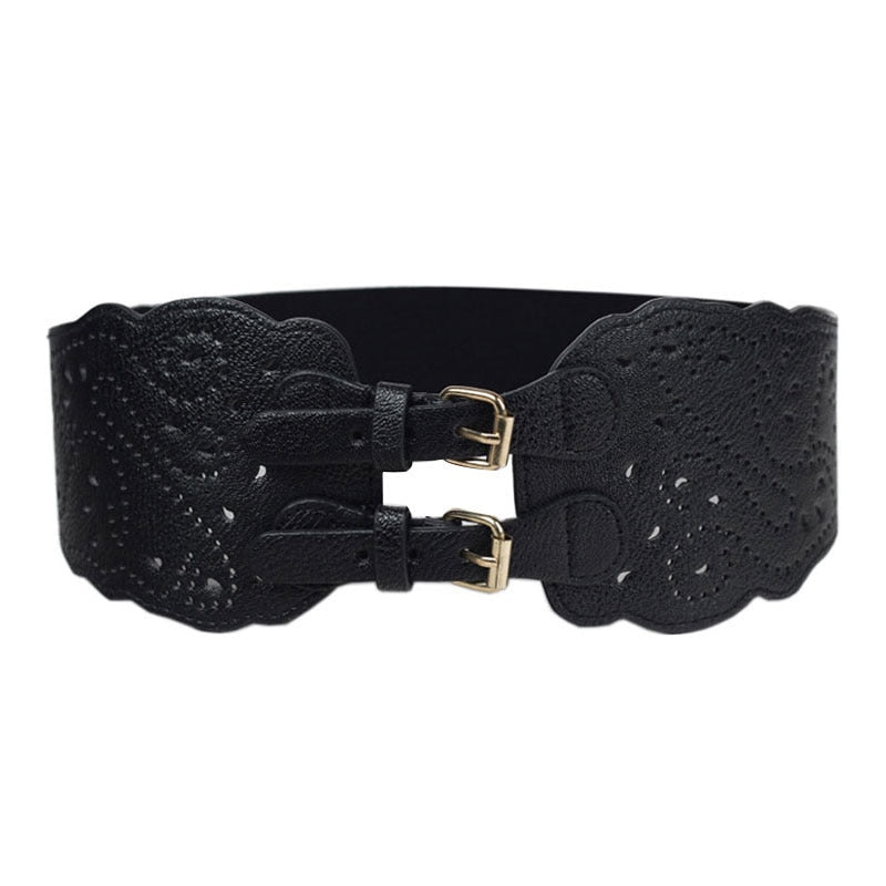 Fashion Wide Waist Belt Metal Round Buckle Punk Belts Stretchy Dress Waistband Pu Leather Cummerbunds European Style Lady Belts