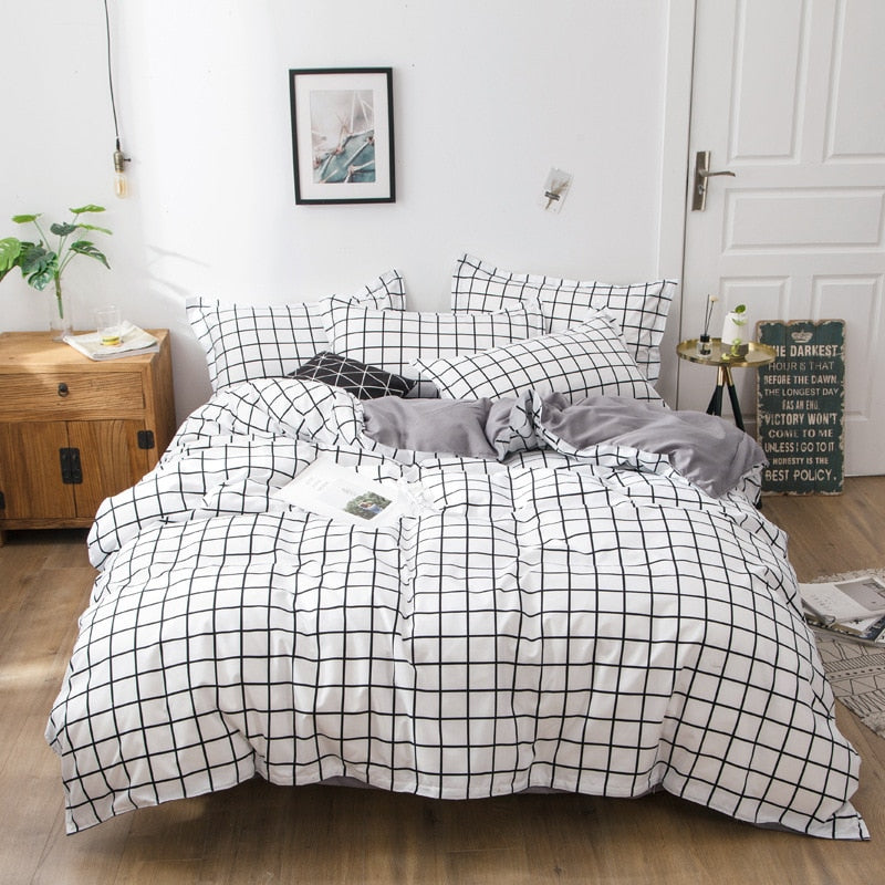 Classic Black White Grid Bedding Set Fashion Polka Dot Double Bed Linens Cover Set Quilt Pillowcase Shinging Star Pattern