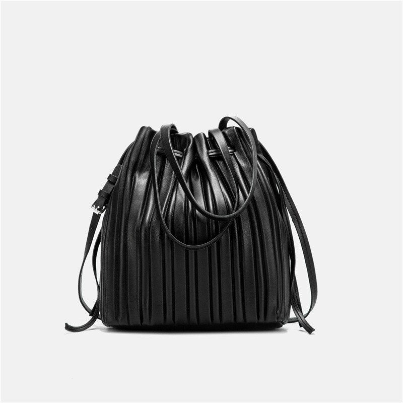 FUNMARDI Brand Design PU Leather Shoulder Bag Pleated Stripe Bucket Bag Ladies Crossbody Bag For Women Bag 2021 Handbag WLHB3081
