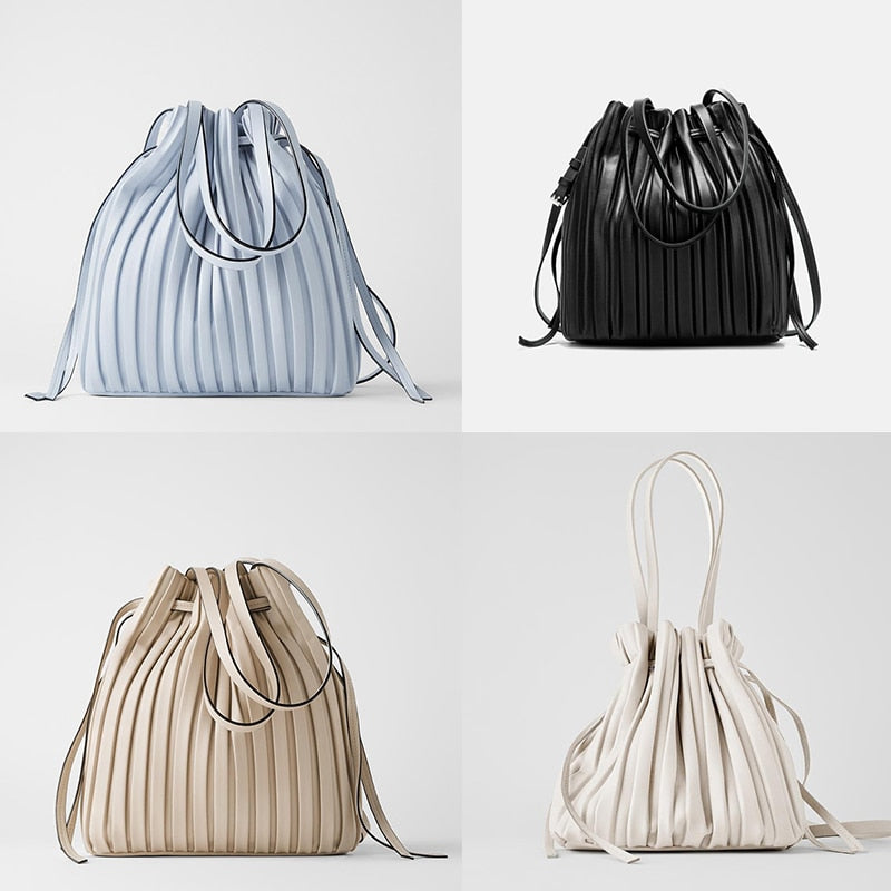 FUNMARDI Brand Design PU Leather Shoulder Bag Pleated Stripe Bucket Bag Ladies Crossbody Bag For Women Bag 2021 Handbag WLHB3081