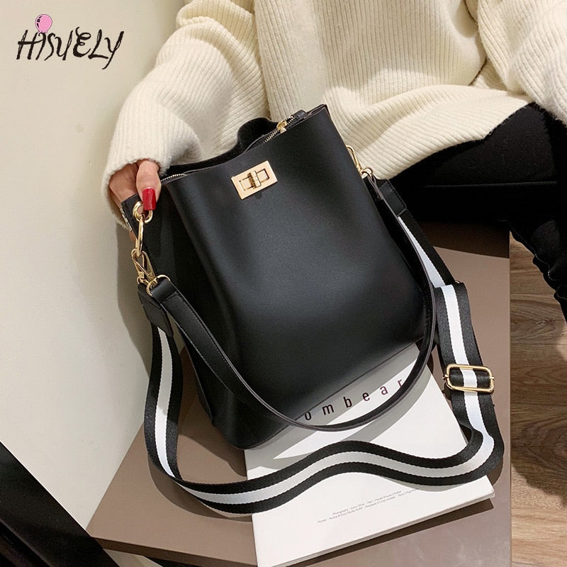 HISUELY Hot Sale New Women PU Leather Handbags Fashion Designer Black Bucket Vintage Shoulder Bags Messenger Bag High Quality