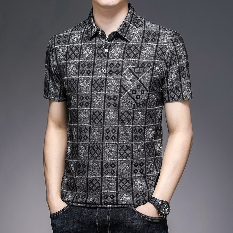 New Polo Shirts Men Plaid Print Summer Short Sleeve Tee shirt Homme Slim Fit Casual Travel Beach Camisa Polos T1043