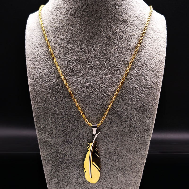 2021 Fashion Feather Stainless Steel Long Necklace for Men Gold Color Necklace Jewelry Gift acero inoxidable N1039S02
