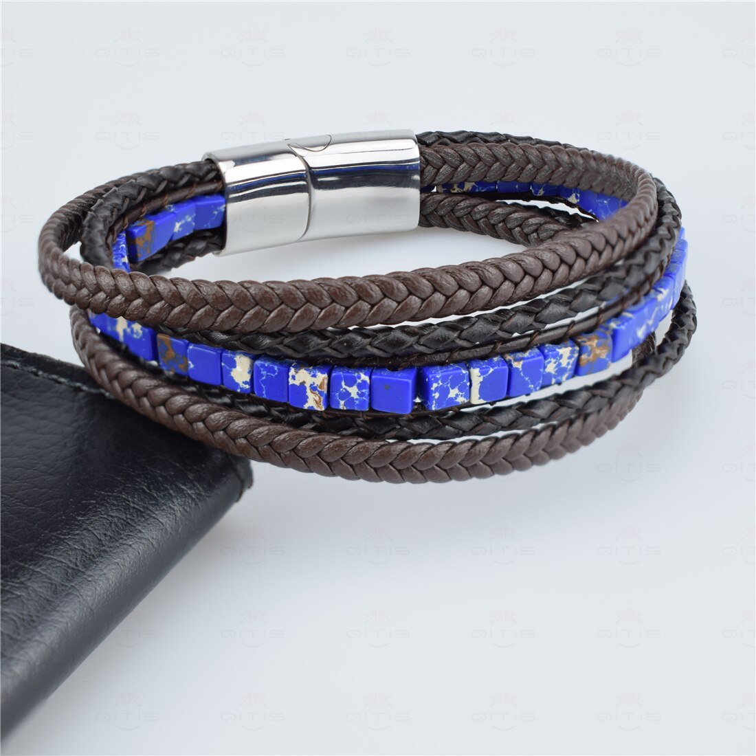 Multilayer Bracelet Natural Stone Genuine Leather Braided Wrap Bangle Stainless Steel Magnetic Clasp Bracelet Men Jewelry