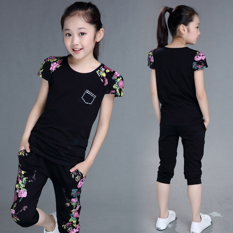 Children Clothing Sets Summer Girls Sports Suit Cotton Print Short Sleeve T Shirt & Pants 2Pcs Girls Clothes 6 8 9 10 12 Years