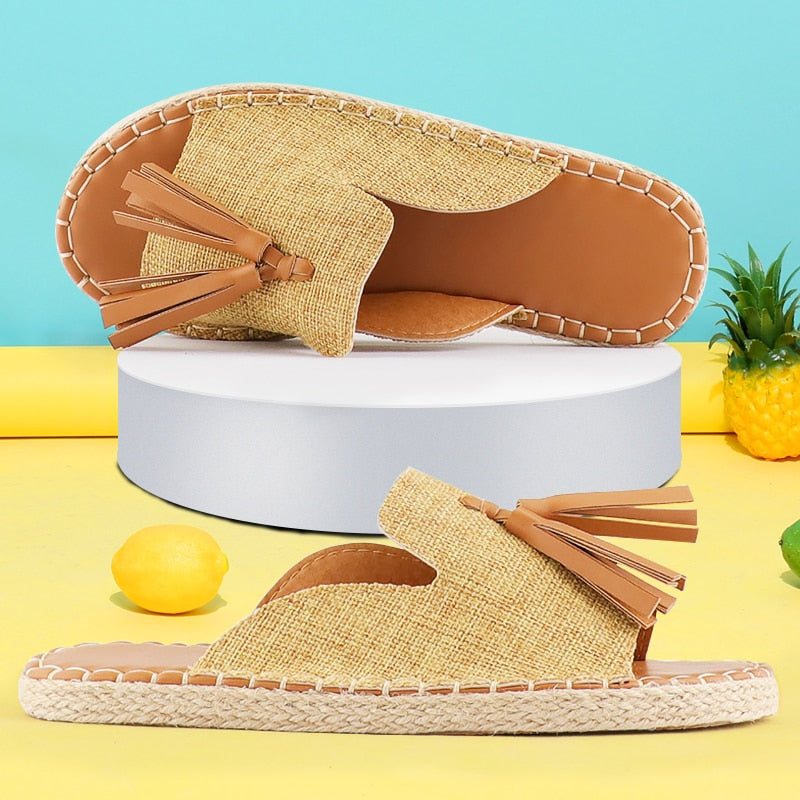 2022 Summer Women Flats Sandals Slides Tassel Casual Hemp Rope Slides Espadrille Flip Flops Resorts Beach Shoes Women Sandals