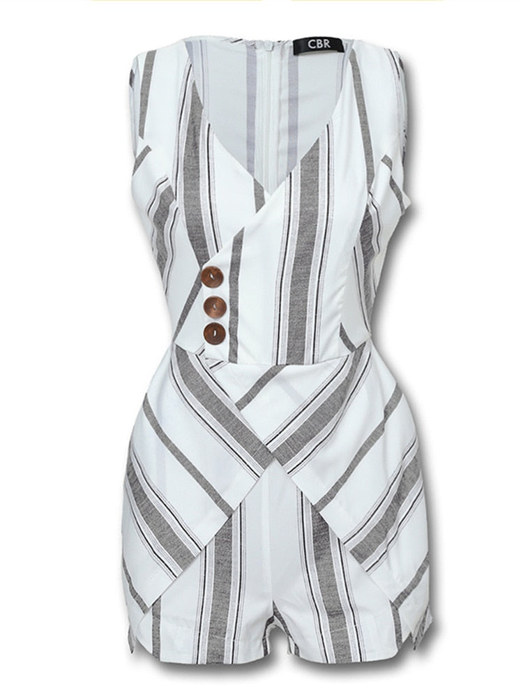 2019 Summer Women Elegant Casual Skinny Playsuit Female Workwear V-Neck Short Jumpsuit Sleeveless Striped Buttoned Design Romper