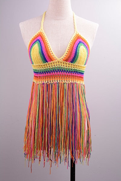 Crochet Hollow Out Tassel Beach Cover Up Sexy Women Mini Tops Beachwear Bikini Swimwear Bathing Suit Cover Up