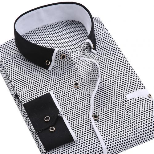 Business Mens Dot Plaid Print Turndown Collar Long Sleeve Button Shirt Blouse Tops Fashion Casual shirt Male Social Dress Shirts