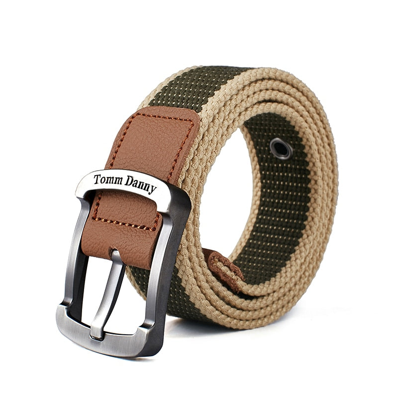 Men & Women Canvas Belt Metal Buckle High Quality Pin Buckle Jeans Belt Tactical Belts for Men Military Strap Army Green Striped