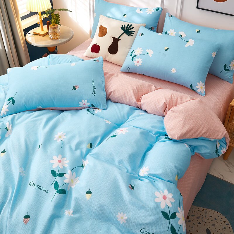 4pcs Nordic Bedding Set , Duvet Cover + Pillow Case + Bed Sheet Home Textiles Bed Sheets Set Washed Cotton A/B side Qulit Sheet