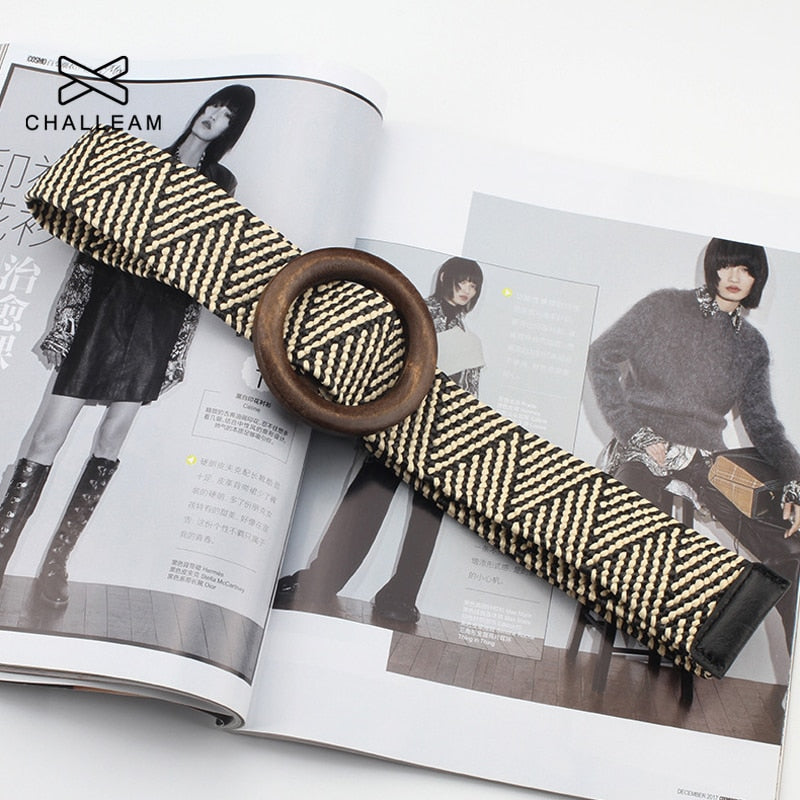 Women Bohemian Elastic Braided Belt Fashion Female Summer Dress Jeans Wide Black PP Straw Designer Wood Buckle Boho Belts 232