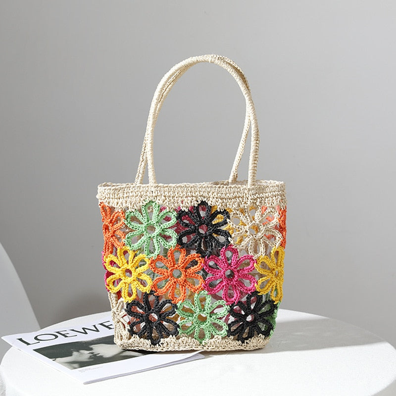 Bohemian Hollow Flower Woven Tote Bags For Women Summer Colors Flowers Straw Shoulder Bag Women's Bag Beach Straw Women Handbags