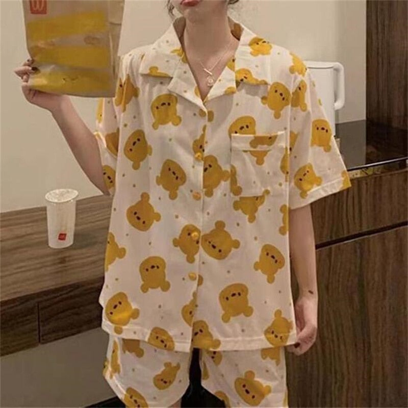 Summer Girl Sweet And Cute V-Neck Short-Sleeved Shorts Thin Suit Comfortable Silk Women's Home Service 2Piece Set Female Pajamas
