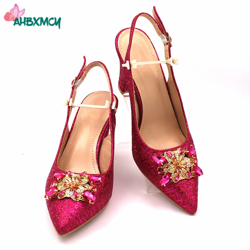 Fashionable African Shoes and Bag Set Italian Women Fuchsia Color Nigerian Shoes with Matching Bags for Royal Wedding Party