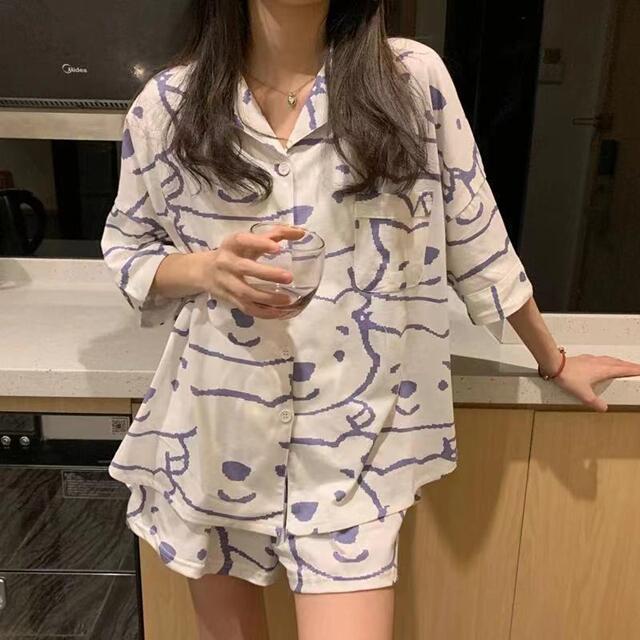 Summer Girl Sweet And Cute V-Neck Short-Sleeved Shorts Thin Suit Comfortable Silk Women's Home Service 2Piece Set Female Pajamas