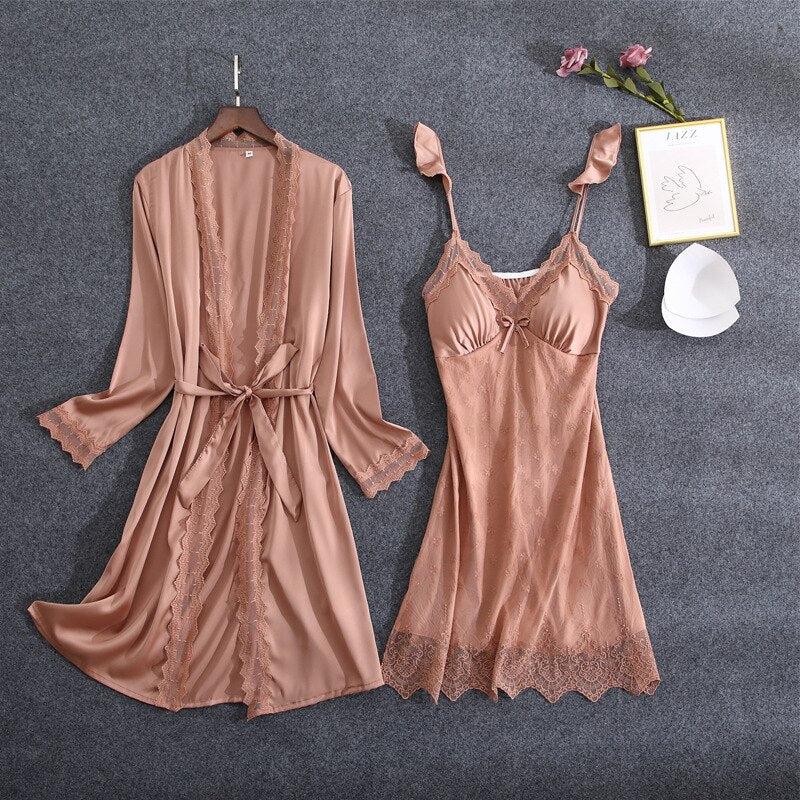 White Lace 2PC Nightwear Set Women Robe Gown Bride Sexy Strap Nightdress Summer V-Neck Sleep Suit Kimono Nighties Homewear