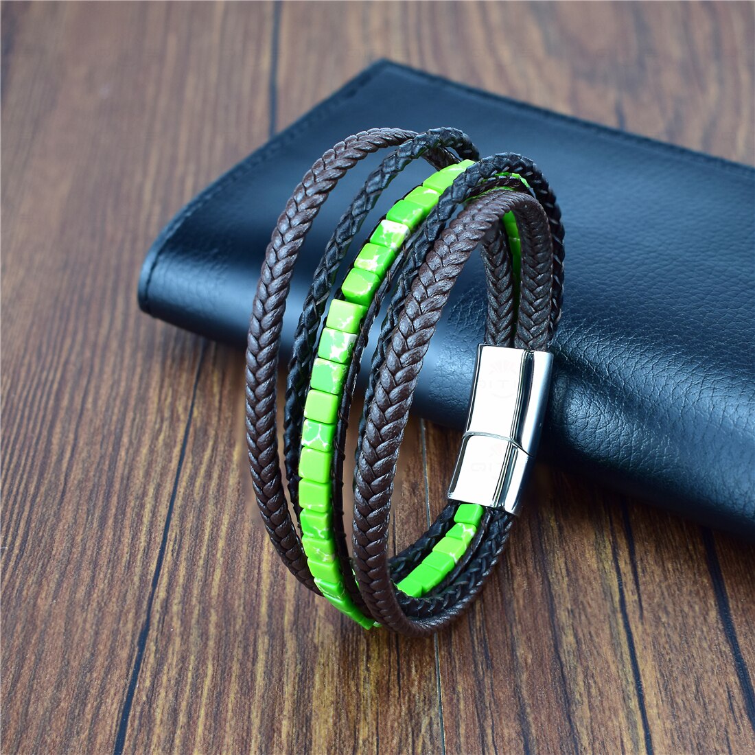 Multilayer Bracelet Natural Stone Genuine Leather Braided Wrap Bangle Stainless Steel Magnetic Clasp Bracelet Men Jewelry