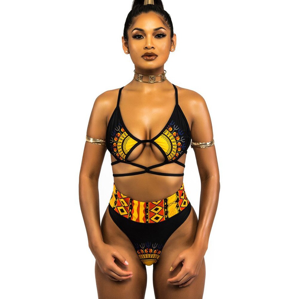 ZPDWT Sexy Tribal Print Bathing Suit Women African Swimwear Swimsuit High Waist Bikini Yellow Beach Swim Wear For Small Chests
