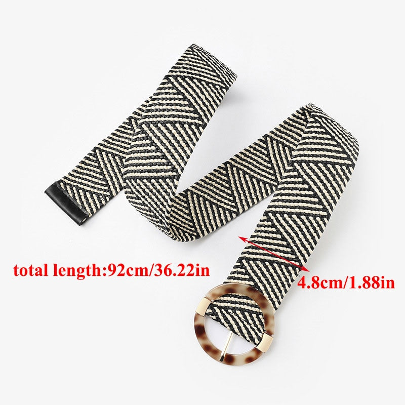 Women Casual Waistband Plastic Buckle Wide Waist Belt With Leopard Round Buckle Pp Straw Weave Belts Boho Braided Waist Strap