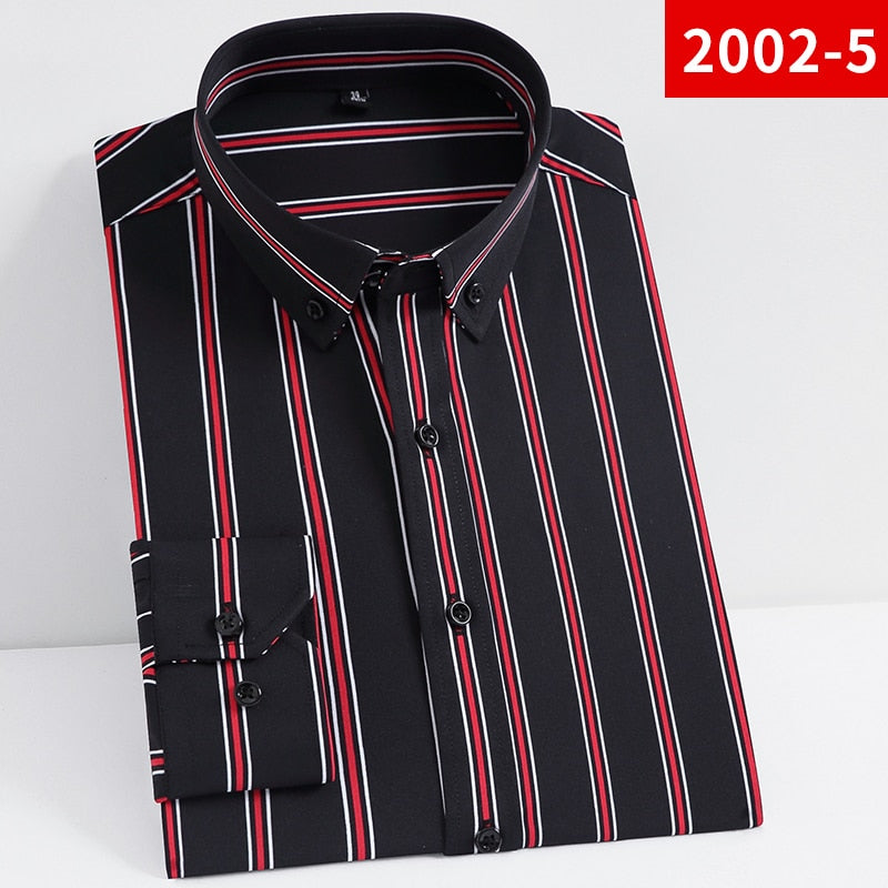 Vertical Striped Shirt Elastic Stretch Long Sleeved Business Men Dress Shirts Formal Casual Standard Fit Fashion Man's Clothing