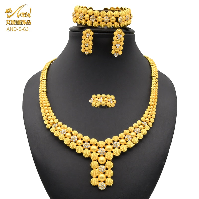 Jewelery Set Rings Jewelry Gold Plated Fashion Jewelries Women Bridal Wedding Dubai African Chokers Necklace Earrings Nigeria