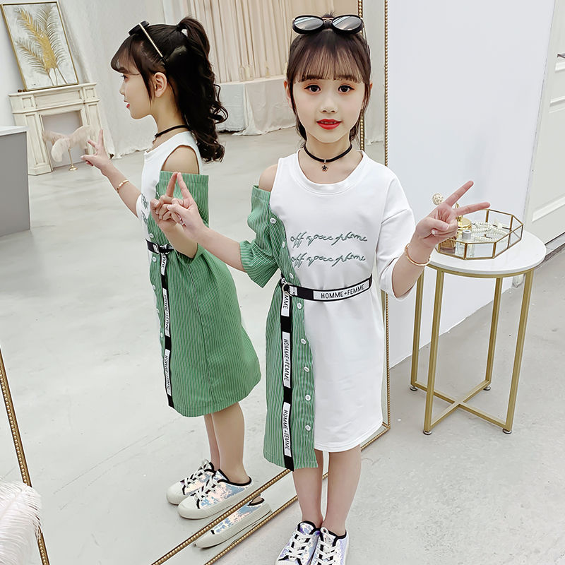Girls Dress Summer 2021 New Girls Wear Korea Fashion Summer Style Shoulder Dress Tide Asymmetrical Dress Girls 2 To 12 Years