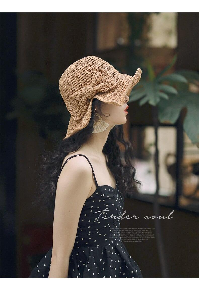 100%Raffia Bow Sun Hat Wide Brim Floppy Summer Hats For Women Beach Dome Bucket Hat Shade Hat - Surprise store