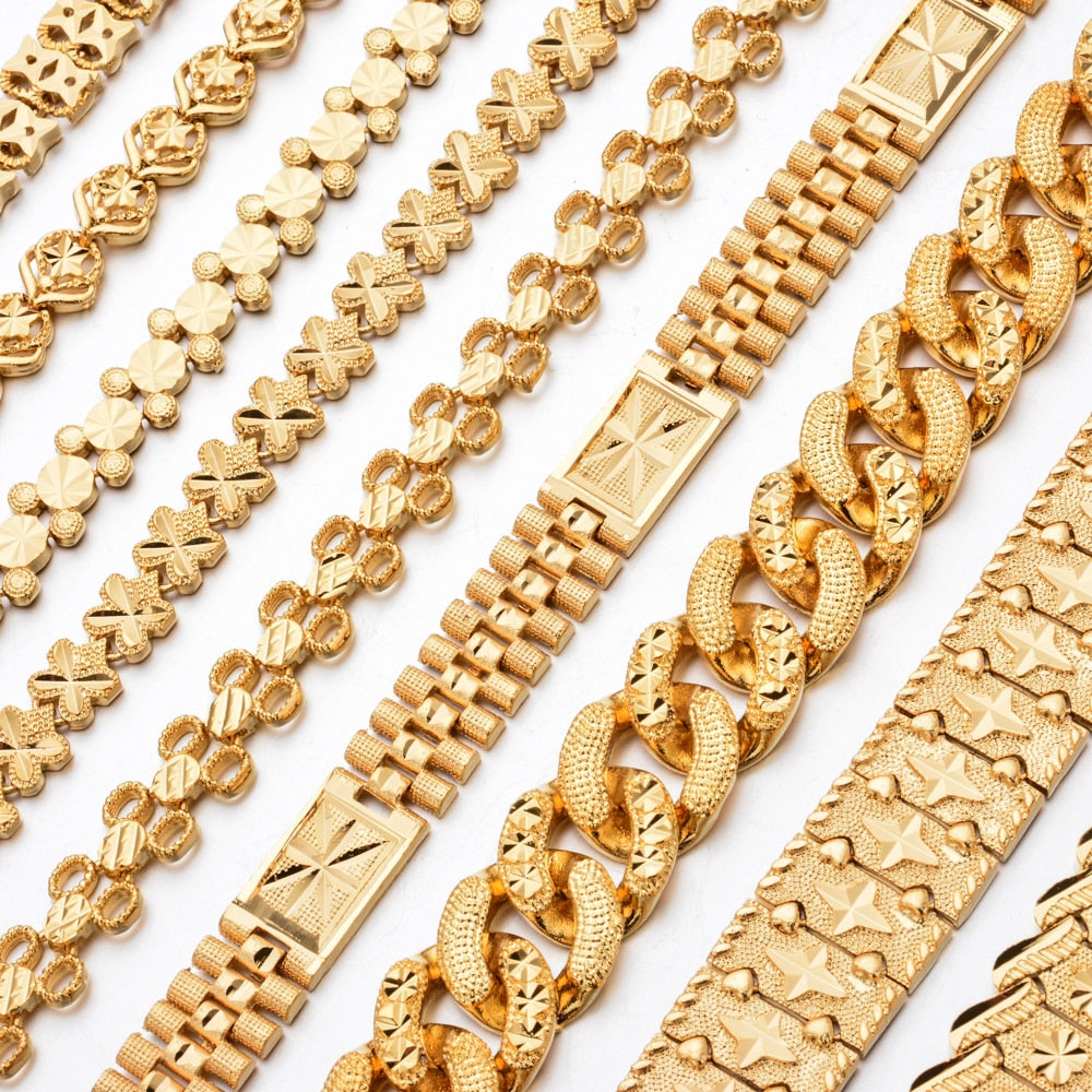 Fashion Plated 24K Gold Multi Shape Punk Bracelet Curb Cuban Chain Gold Color Bracelets Bangle For Men Women Jewelry Gifts