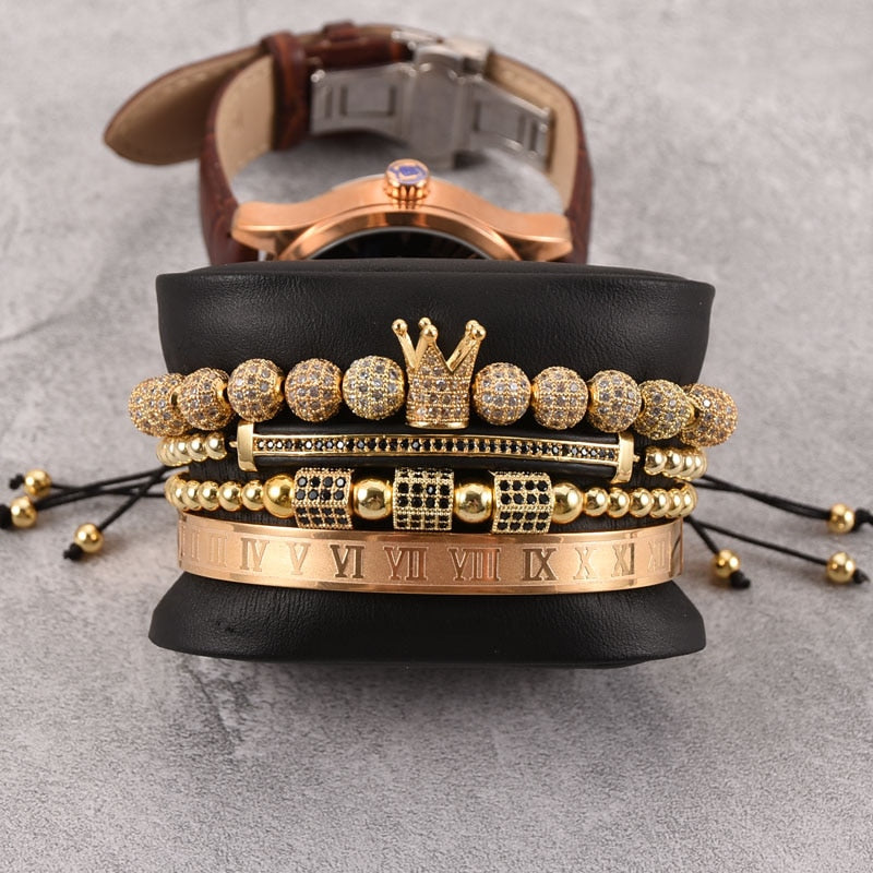 4pcs/set Hip Hop Braided Braiding Bracelet Men Pave CZ Zircon Crown Bracelet Luxury Jewelry