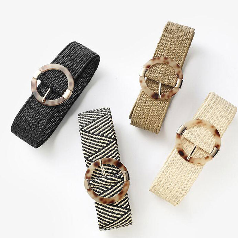 Women Casual Waistband Plastic Buckle Wide Waist Belt With Leopard Round Buckle Pp Straw Weave Belts Boho Braided Waist Strap