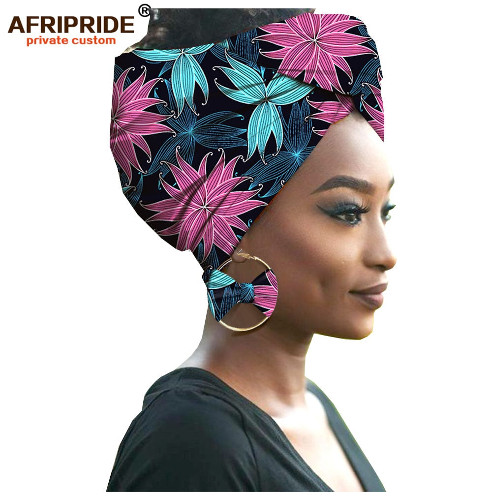 2020 fashion african headwraps+earings 2 piece sets for women bazin riche african head scarf pure cotton A19H002 AFRIPRIDE