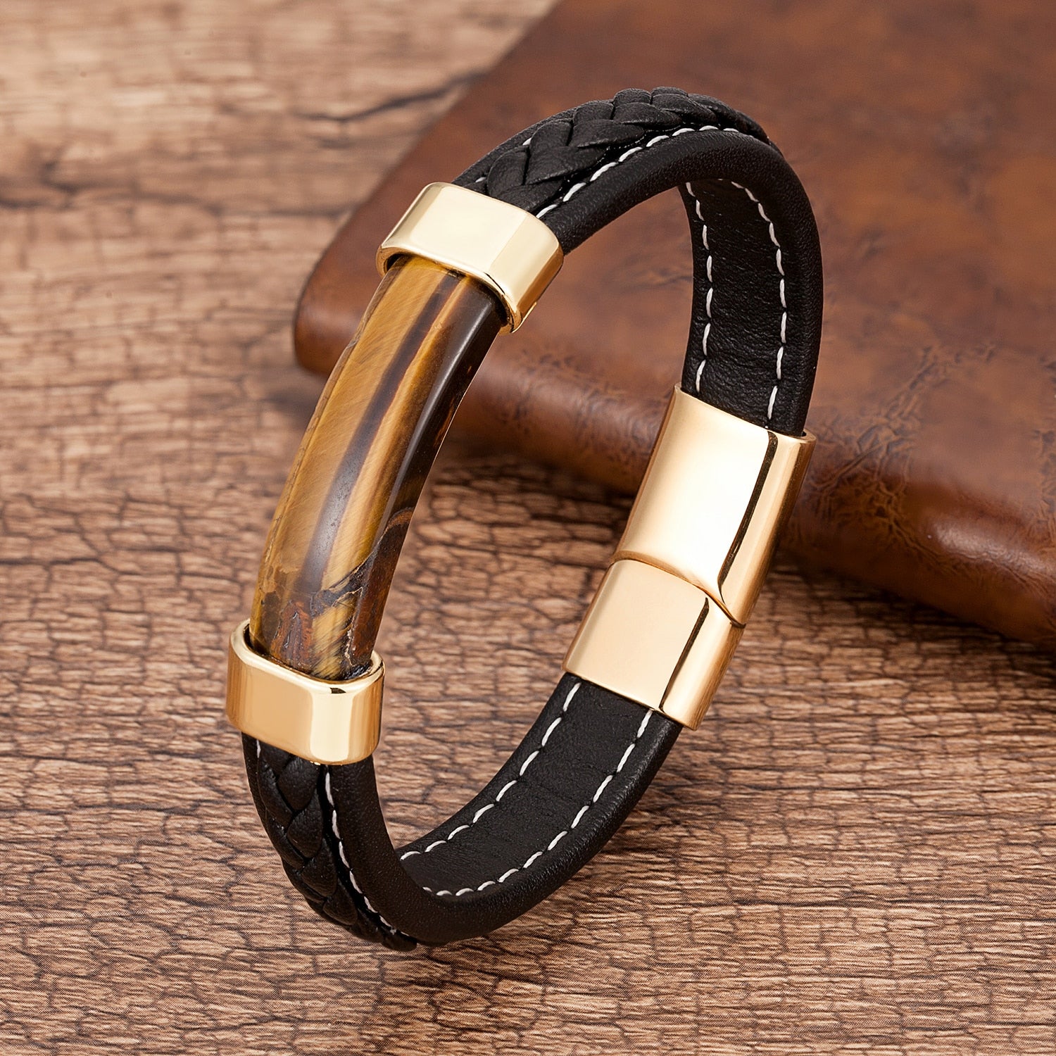 Natural Stone Men Bracelet Black Genuine Leather Rope Chain Stainless Steel Magnet Clasp Natural Stone Bracelets Male Jewelry