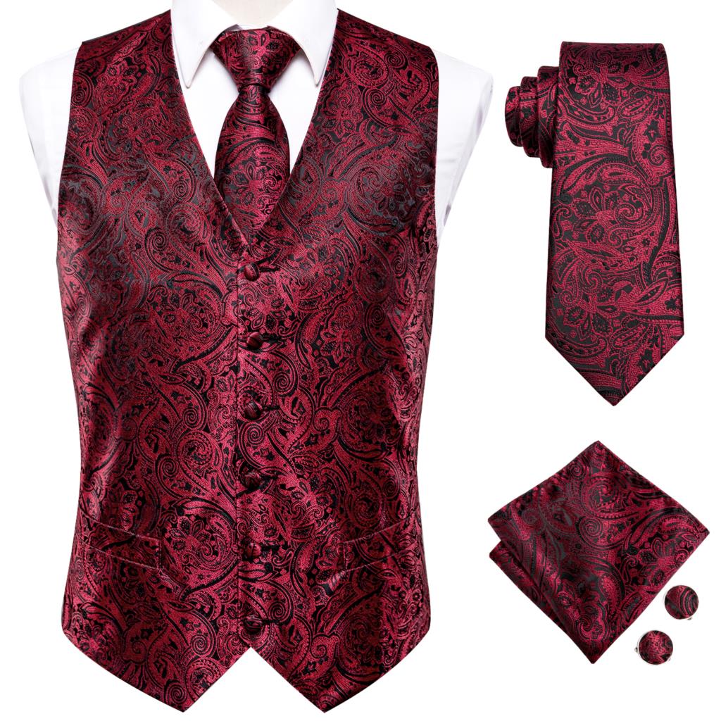Hi-Tie Silk Adult Men's Vest for Suit Luxury Paisley Floral Plaid Suit Vest and Tie Set Blue Gold Red Sliver Wedding Vest Men